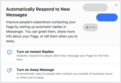 Prompt to setup automatic responses to Facebook messages.