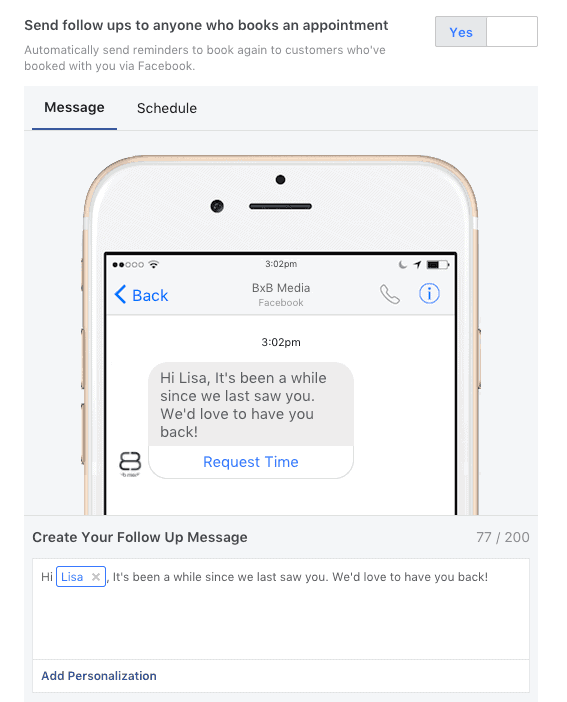 Setting up follow-up message in Facebook Messaging.