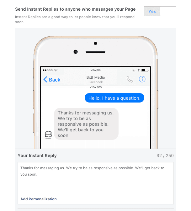 Instant replies setup for Facebook Messaging.