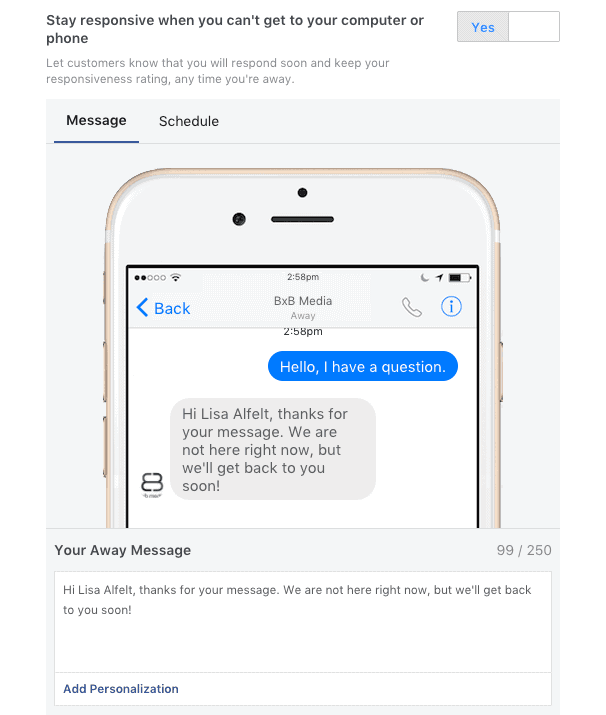 Facebook Messaging response message.