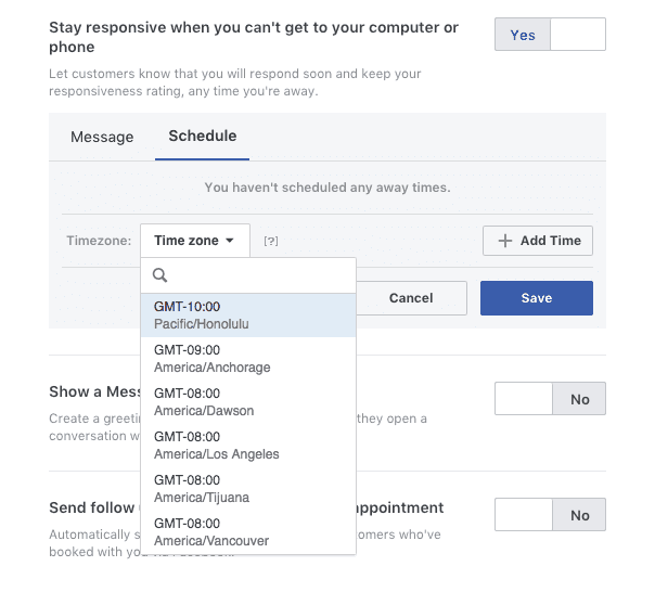 Setting your timezone in Facebook Messaging responsive settings.