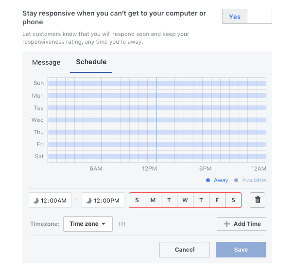 Schedule for responsive messages on Facebook Messaging.